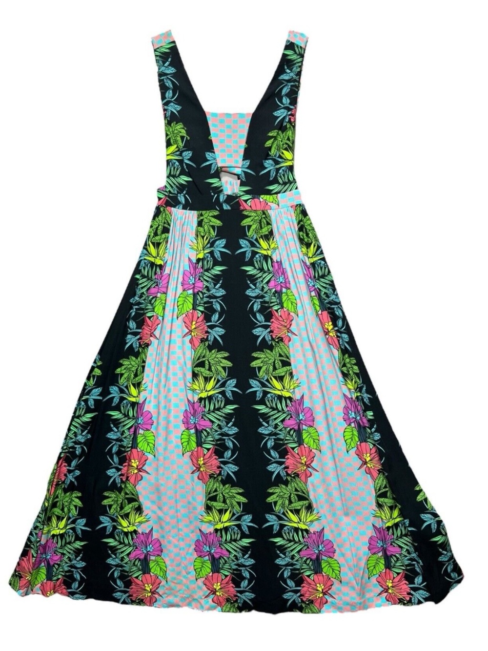 Mara Hoffman Deep V Jardin Midi Dress in a colorful floral and black check print